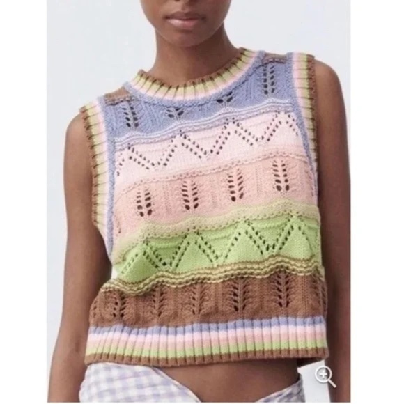 Zara Jackets & Blazers - NWT ZARA Multicolored Boho Crochet Knit Sweater Vest With Striped Trim Size S